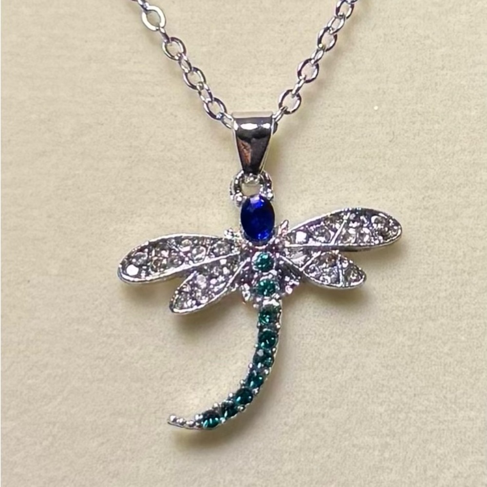 Blue and Silver Dragonfly Necklace with Gemstone Accents